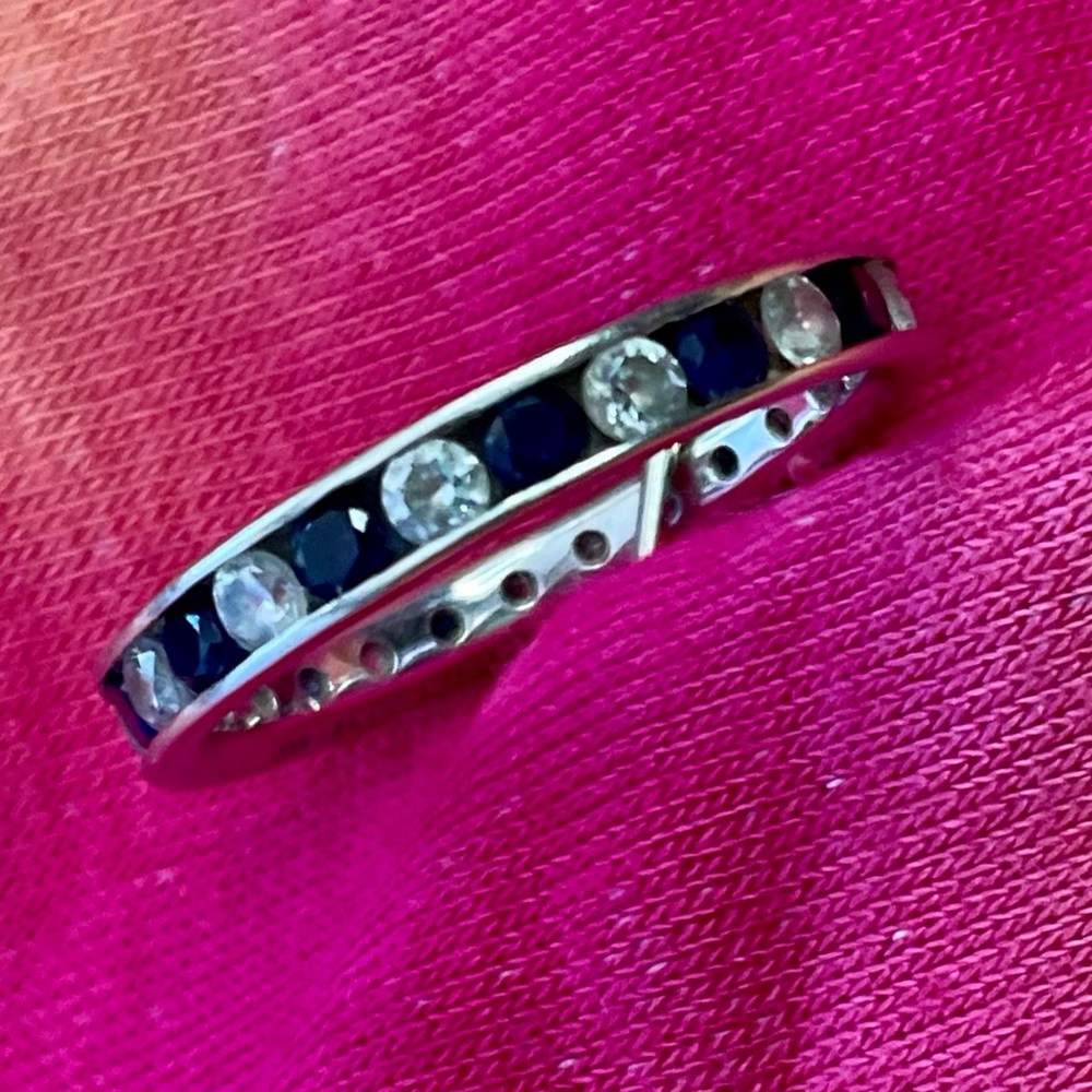 14K White Gold ring with Blue Sapphire and Cubic Zirconia